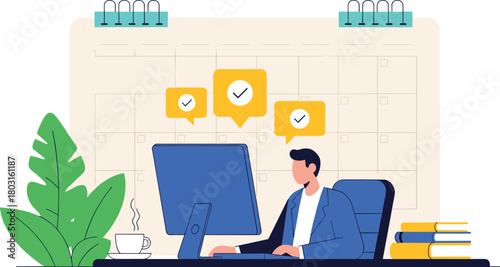 Focused Businessman Managing Tasks and Schedule on Computer Vector Illustration, Highlighting Productivity, Time Management, Task Completion, and Efficient Office Workflow.