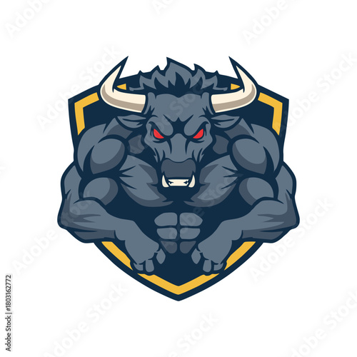 Fierce muscular bull stands powerfully in front of golden shield, exuding strength and determination in a bold and imposing manner.