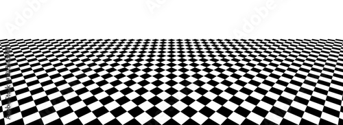 Black and white checkerboard floor in perspective. Abstract checkered tile pattern background. Vector horizontal chess board grid plane surface. Retro vintage empty ball room checker floor