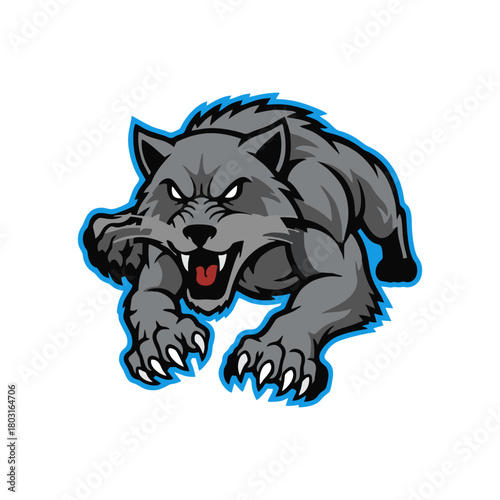 Cartoon wolf prowls forward with menacing expression, showcasing its sharp claws and teeth against a plain white backdrop, creating a fierce and intimidating mood.