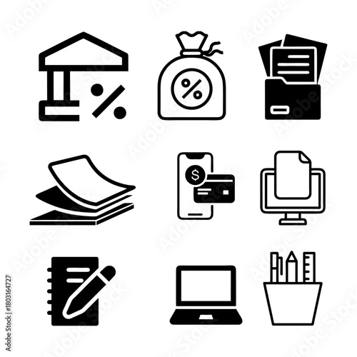 Financial symbols depicting banking and accounting concepts arranged on a white backdrop representing business and money management.
