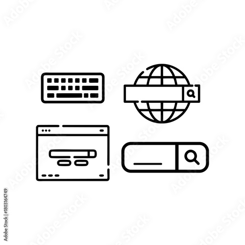 Various internet search tools displayed as line art representing online communication and information access in a modern, minimalist style.