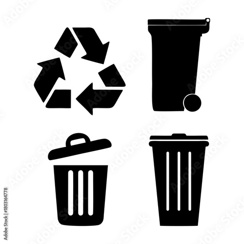 Recycling symbol and various trash cans represent waste management and environmental responsibility on a clean white backdrop.