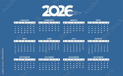 Year 2026 calendar displaying all twelve months on a blue backdrop, providing a clear overview of the entire year for planning and scheduling.