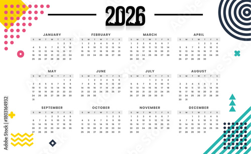 Year 2026 calendar displayed with geometric shapes and modern typography on a white surface, representing organization and planning for the future.