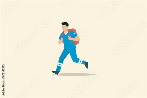 Paramedic running with a medical backpack, flat vector illustration in solid colors. Emergency healthcare worker in uniform rushing to provide aid, isolated on light background.