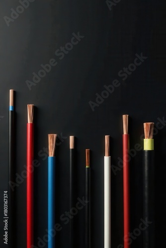 A Row of Colorful Electrical Wires on a Dark Background, Representing Various Sizes and Colors of Insulated Copper Conductors for Electrical Wiring Applications