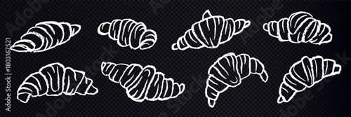 Set of white croissants drawn by chalk on transparent background. Sketchy of croissant with texture.