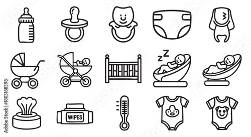 Baby essential outline icons set on white background vector illustration