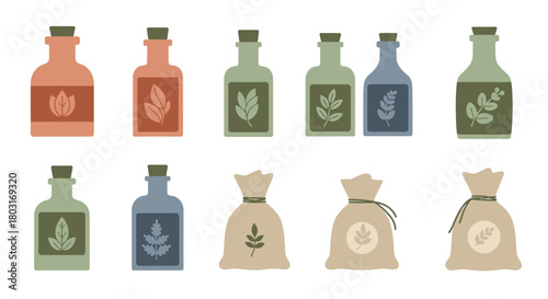 Collection of herbal remedy bottles and ingredient sacks.