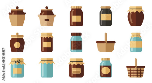 Collection of Jars and Baskets with Various Contents and Designs.