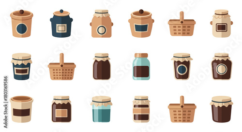 Collection of Jars and Baskets with Various Contents.