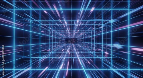 Fototapeta Naklejka Na Ścianę i Meble -  Futuristic digital tunnel with glowing neon grids and dynamic light streaks creating an immersive