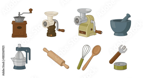 Collection of Kitchen Utensils and Tools for Food Preparation.