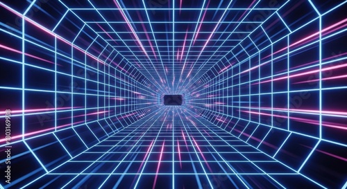 Fototapeta Naklejka Na Ścianę i Meble -  futuristic neon tunnel with glowing grid lines creating a sci-fi perspective and visual depth