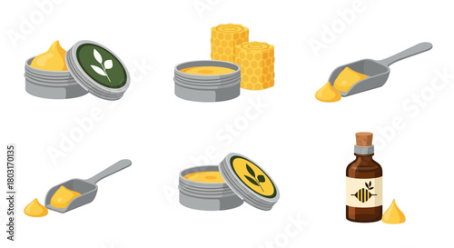 Collection of natural beeswax products including balms, candles, and oil.