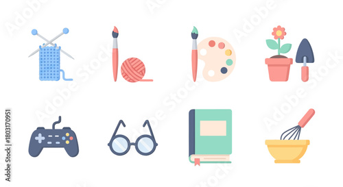 Collection of various hobby and leisure activity items for creative pursuits and relaxation.