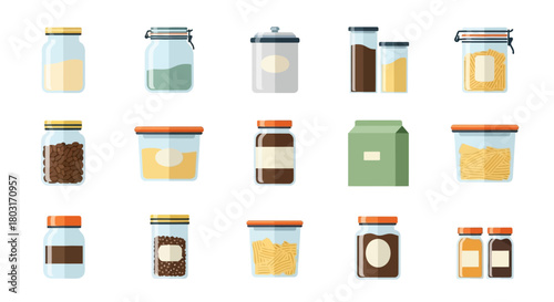 Collection of various glass jars filled with different food items.