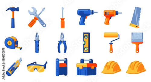 Collection of Various Hand Tools and Equipment for Construction and Home Improvement.