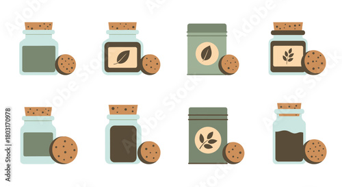 Collection of various herbal tea ingredients and cookies in jars and pouches.