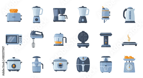 Collection of various kitchen appliances for food preparation and cooking.