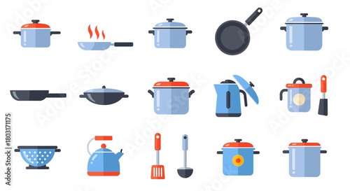 Collection of various kitchen cookware and utensils for cooking and food preparation.