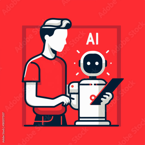 vector illustration of a person operating an AI robot