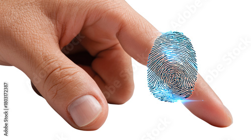 Digital Fingerprint: A close-up view of a fingertip displays a glowing fingerprint, symbolizing identity, security, and digital access.