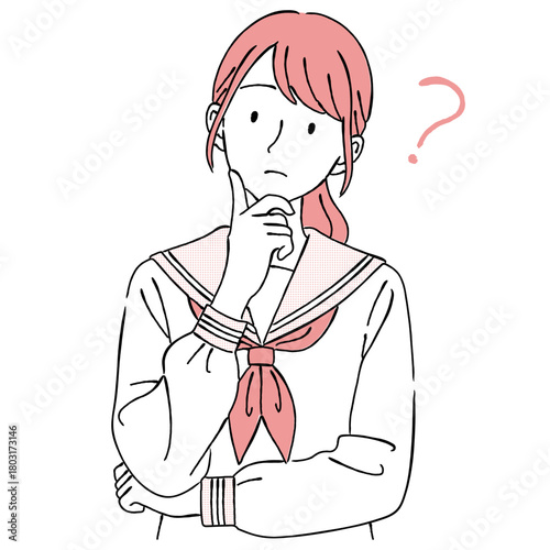 考える女子中学生（セーラー服）,疑問,悩み,受験,学業,学校,シンプル,ベクター