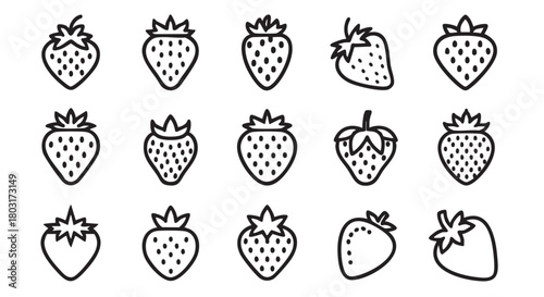 Collection of Simple Black and White Strawberry Outline Icons Set Design