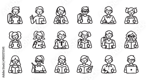 Collection of student line art icons for education and learning design