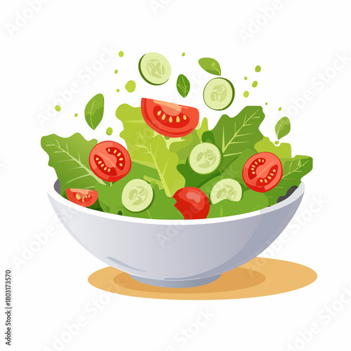 Dynamic Illustration of a Fresh and Healthy Vegetable Salad Featuring Crisp Lettuce, Juicy Tomatoes, and Cool Cucumbers in a Modern White Bowl, Promoting Balanced Eating