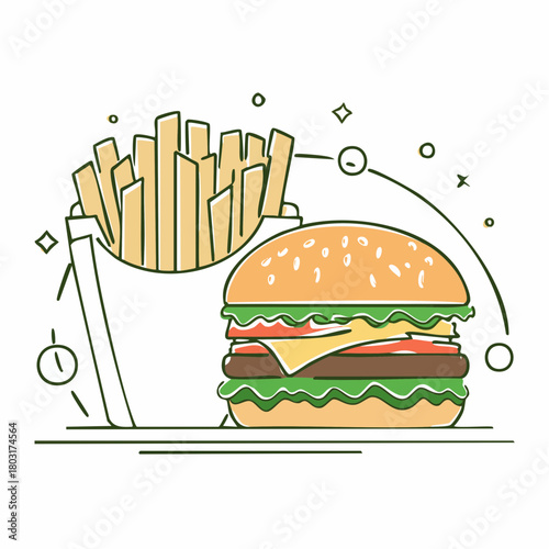 Flat design illustration of a classic hamburger and french fries, a delicious fast food meal