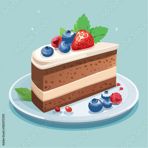 A slice of delicious chocolate cake topped with fresh berries and a mint leaf, presented on a white plate