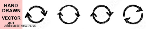 Hand drawn circular refresh arrows vector illustration set showing sketch rotation symbols representing cycle, reload, loop, repeat motion with artistic textured marker style for creative design proje