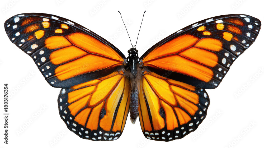 Fototapeta premium Monarch Butterfly: A captivating Monarch butterfly, its wings spread wide, showcases an intricate design of vibrant orange, black, and white patterns, a symbol of nature's artistry.