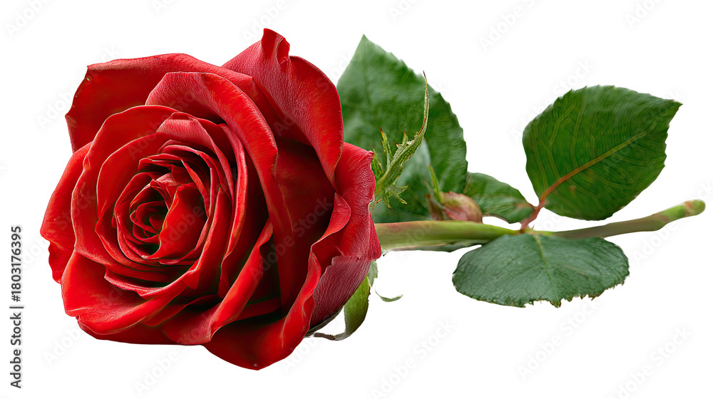 Naklejka premium Crimson Rose of Passion: A single, radiant red rose blooms, its velvety petals unfurling in a display of intense beauty and delicate texture, accompanied by vibrant green foliage.