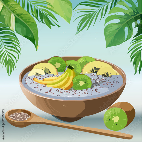 Healthy Breakfast Bowl with Fresh Kiwi, Banana Slices, and Chia Seeds Surrounded by Tropical Leaves