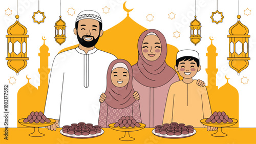 Muslim Family Celebrating Ramadan with Dates and Lanterns