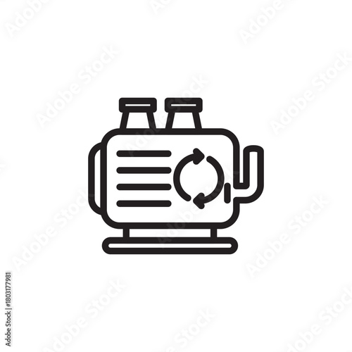 Asset Lifecycle Management (ALM) icon symbolizing the full equipment timeline. Features machinery with a renewal or cycle arrow, representing stages from acquisition to disposal and maintenance.