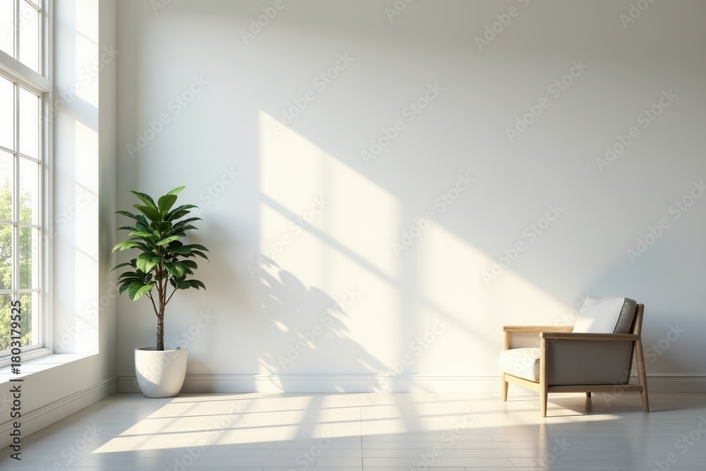 Fototapeta premium Serene Minimalist Room Featuring a Comfortable Chair and Lush Potted Plant Basking in Sunlight