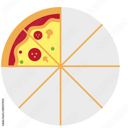 A pizza illustration showing five sixths visible as a fraction learning concept, ideal for math worksheets, classroom resources, and educational graphic materials.