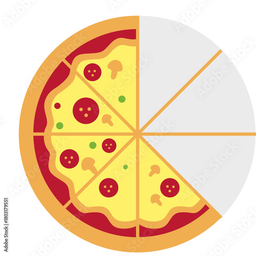 A pizza diagram with one sixth highlighted for fraction learning, suitable for classroom worksheets, math visuals, food graphics, and simple educational illustrations.