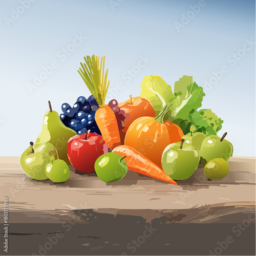 A vibrant and fresh assortment of fruits and vegetables beautifully arranged on a wooden surface, showcasing a healthy and colorful harvest