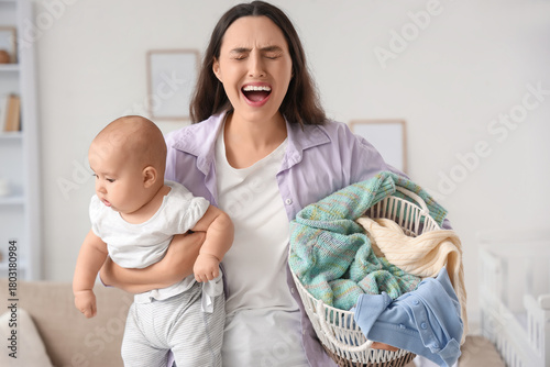 Screaming mother with her b...