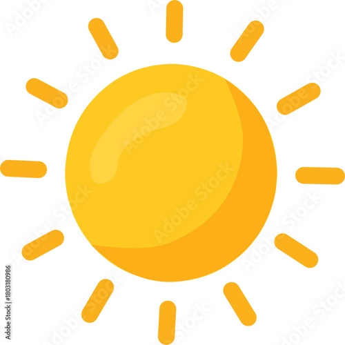 Bright flat-style illustration of a shining sun with warm yellow rays, representing daylight, summer, weather, warmth, and energy.