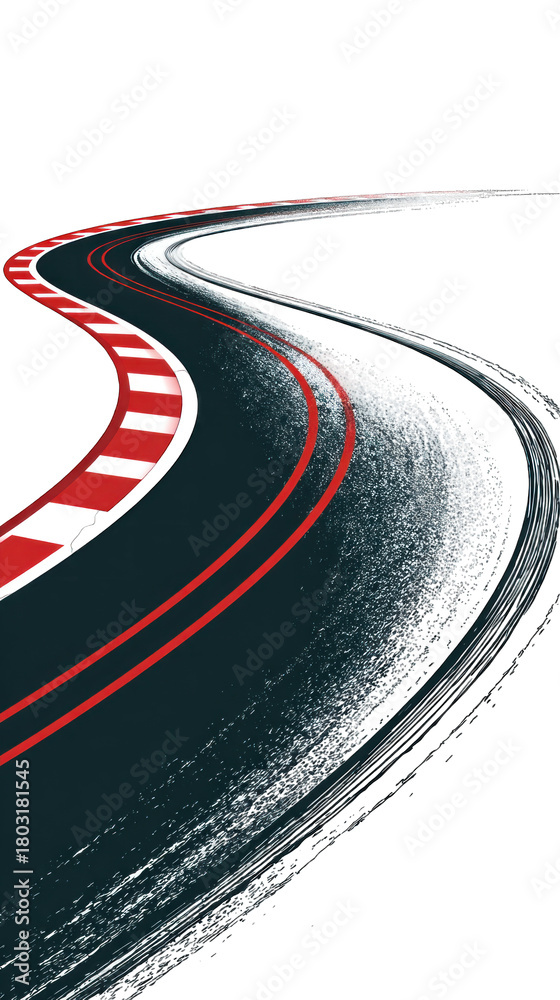 Naklejka premium A winding racetrack with bold red markings against a dark background, capturing the essence of speed and motion.