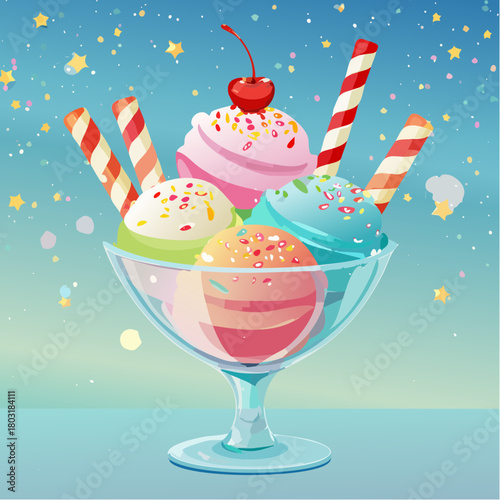 Delicious Ice Cream Sundae with Cherries and Sprinkles in a Glass Bowl, Perfect for Summer Treat