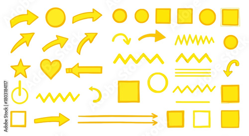 Collection of yellow arrows, shapes, and line icons for design and visual communication projects