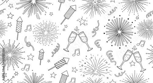 Festive Celebration Seamless Pattern of Fireworks, Confetti, and Toasting Champagne for Holiday Cheer
